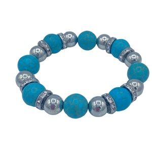 New turquoise howlite elastic beaded bracelet 7” wrist rhinestones silver tone